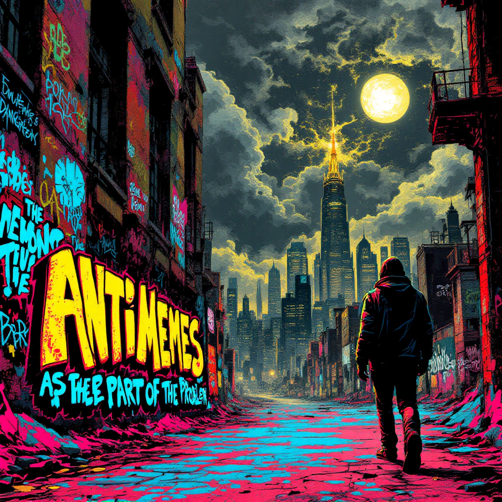 A lone figure walks through a neon-lit, dystopian city at night under a glowing full moon, with graffiti boldly stating ANTIMEMES as free part of the Problem on a wall.