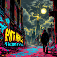 A lone figure walks through a neon-lit, dystopian city at night under a glowing full moon, with graffiti boldly stating ANTIMEMES as free part of the Problem on a wall.