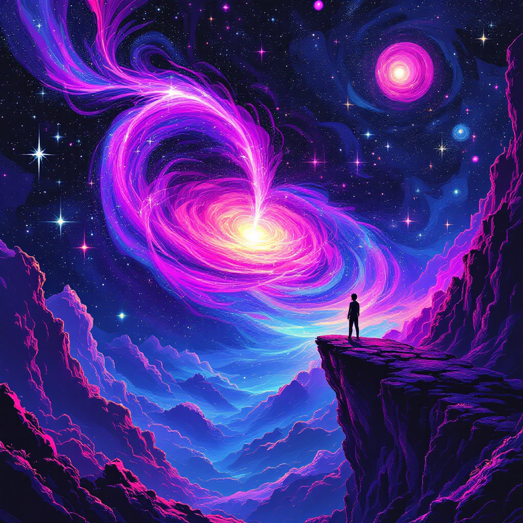 A vibrant cosmic scene featuring swirling galaxies and colorful nebulae, with a figure standing on a cliff, symbolizing creativity and the universe as a canvas for stories.