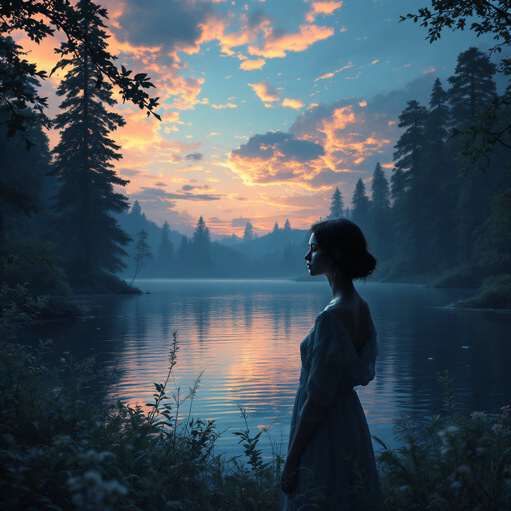 A silhouette of a woman stands by a serene lake at sunset, surrounded by tall trees, embodying the quote: The mystery of life isn't a problem to be solved, but a reality to be experienced.