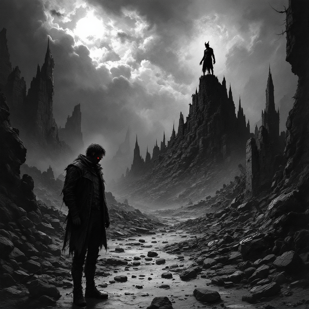 A lone figure stands in a desolate landscape, shadows and jagged peaks loom, while a dark figure towers above, embodying the chaos of humanity stripped of law and order.