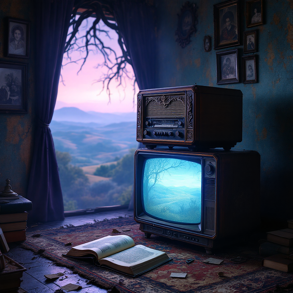 An old TV and radio sit on a rug in a dimly lit room, with an open book in front of them. A window reveals a serene landscape, suggesting nostalgia for stories and lost connections.