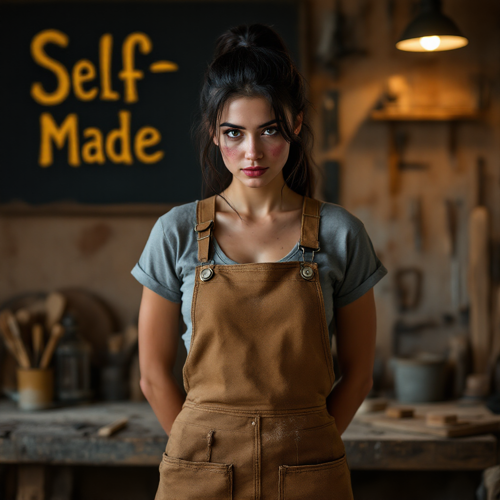 A determined young woman in a workshop stands confidently, wearing a brown apron, with Self-Made written on the wall behind her, embodying the spirit of self-reliance.