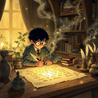 A young boy in glasses sits at a wooden desk, writing on parchment surrounded by books and plants, with wisps of magic swirling around him, embodying the quote about the magic of writing.