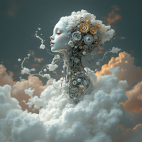 A serene, ethereal figure emerges from mechanical gears and clouds, embodying the question of humanity and identity, reflecting the complexity of existence beyond mere machinery.