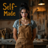 A determined young woman in a workshop stands confidently, wearing a brown apron, with Self-Made written on the wall behind her, embodying the spirit of self-reliance.