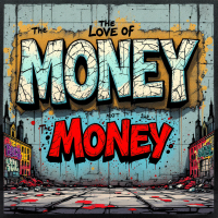 A vibrant, graffiti-style image with bold text reading The Love of Money above The Money, reflecting the quote about the true roots of evil linked to financial scarcity.