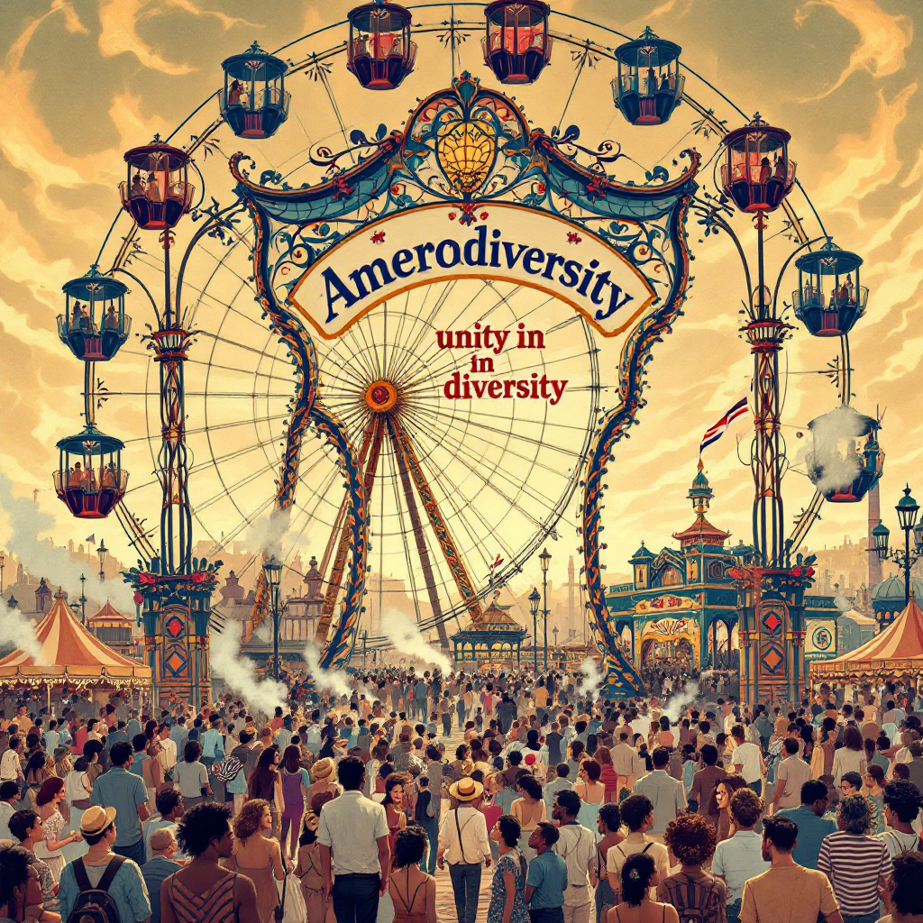 A vibrant fairground scene with a large, ornate entrance reading Amerodiversity: Unity in Diversity. Crowds of diverse people gather, symbolizing collaboration and the potential of America.