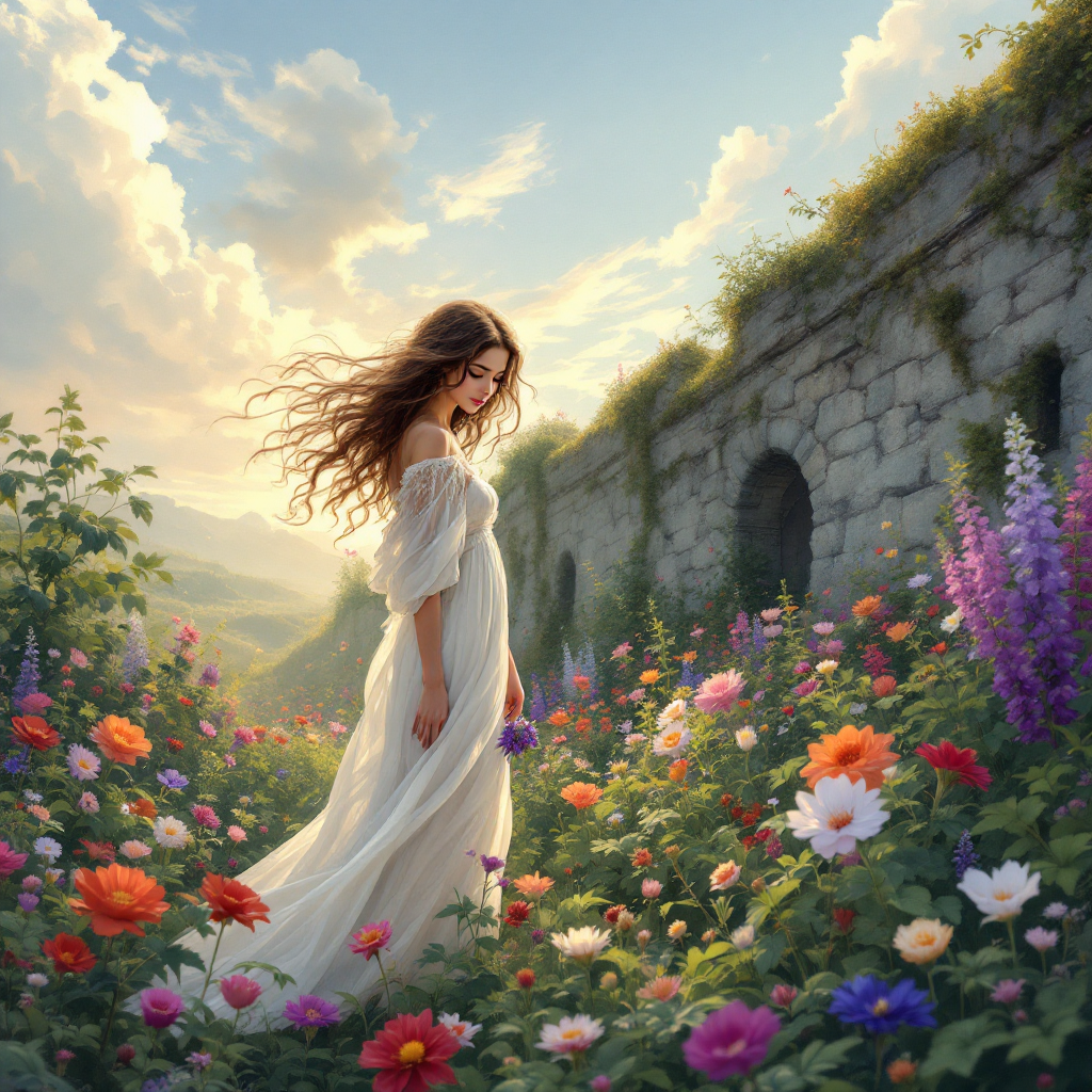 A woman in a flowing white dress stands among vibrant flowers, with a stone wall in the background. The scene captures a blend of beauty and history, reflecting the quote about the enduring nature of the past.