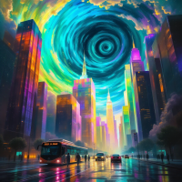 A vibrant cityscape features towering skyscrapers under a swirling, colorful vortex in the sky, reflecting the idea that reality is open to interpretation.