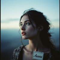 A woman gazes into the distance, her expression contemplative. A name tag reading Aurora hangs from her neck, symbolizing the delicate boundary between reality and imagination.