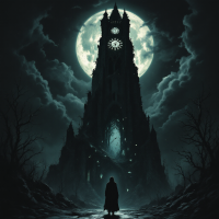 A silhouetted figure stands before a towering, ominous castle under a full moon, evoking a sense of despair and creeping insanity as suggested by the quote on unresolved problems.