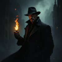 A dark, moody scene features a man in a trench coat and fedora, holding a flickering flame in a desolate urban environment, embodying the quote, You have to carry the fire.