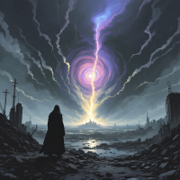 A figure in a dark cloak stands amidst ruins, gazing at a swirling purple light erupting from the ground, symbolizing the clash of old truths and new revelations.