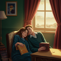 A couple sits closely on a couch by a sunlit window, her head resting on his shoulder, his hand gently holding her arm, evoking a deep, familiar connection.