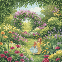 A lush garden bursting with colorful flowers and greenery, where two girls stand beneath a blooming arch, capturing the beauty of nature without imagining fairies.