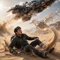 A man sits on sand as a dark vessel rushes overhead, followed by a translucent, fiery bird-like ship with rippling metallic gills inside its liquid, glassy form.