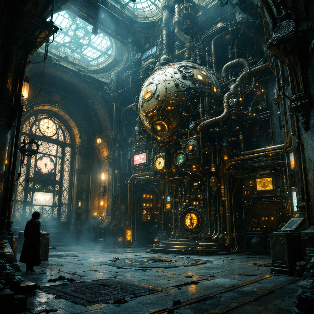 A dimly lit, steampunk-inspired crypt filled with intricate machinery, glowing orbs, and pipes, where a figure stands in awe, surrounded by a blend of technology and shadows.