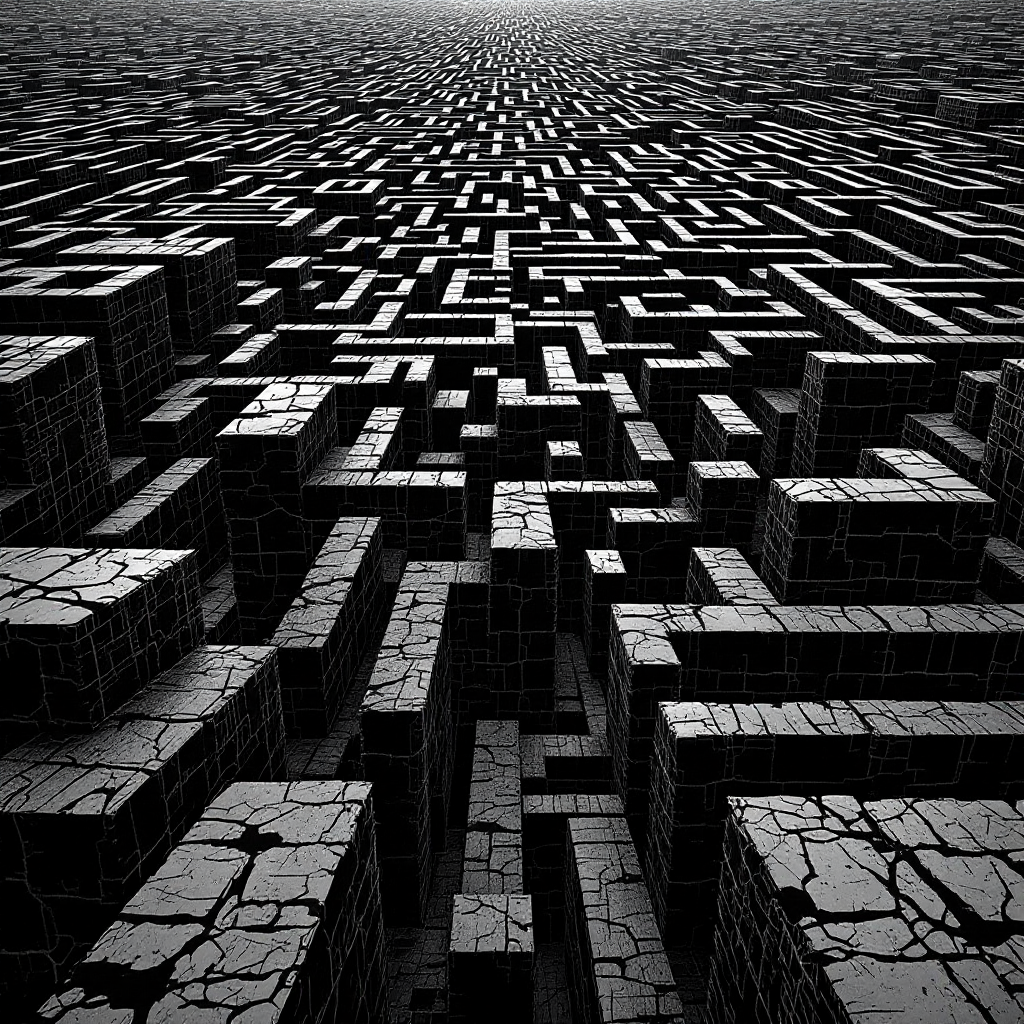 A vast, intricately designed maze of cracked, dark structures stretches into the distance, embodying the idea of a giant, sadistic puzzle meant to challenge and break its challengers.