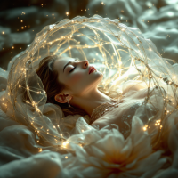 A serene woman lies asleep within a glowing, ethereal cocoon, surrounded by soft fabrics and sparkling lights, embodying the image of a princess in stasis sleep.