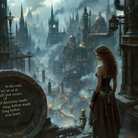 A woman stands on a balcony overlooking a sprawling, misty cityscape filled with towering structures and swirling smoke, reflecting on the echoes of past decisions. The quote overlays the scene.