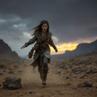 A determined young woman runs through a rugged desert landscape, dust rising around her, under a dramatic sky, embodying the urgency of survival as expressed in the quote.