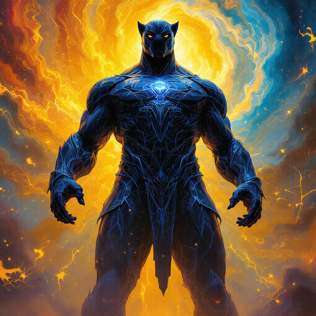 A towering, muscular figure resembling a panther stands confidently, illuminated by a vibrant, fiery backdrop, embodying the strength and grace described in the quote about Pax.