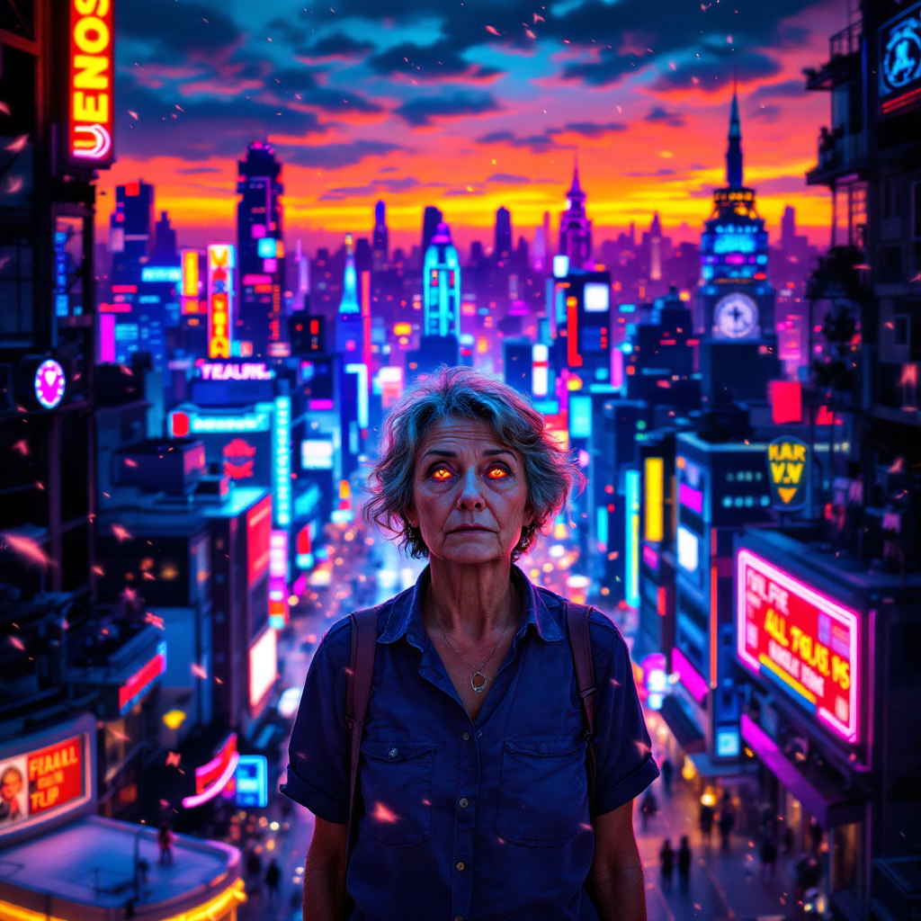 A thoughtful elderly woman stands amidst a vibrant, neon-lit cityscape at sunset, reflecting the complexities and overwhelming nature of aging in a modern world.