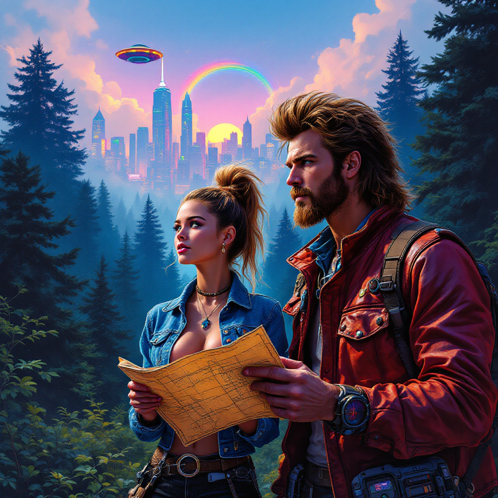 A man and woman stand in a lush forest, gazing at a map, with a futuristic city and a rainbow in the background, embodying the spirit of adventure and exploration of the unknown.