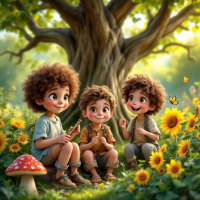 Three joyful children with curly hair sit in a sunlit meadow filled with sunflowers, under a large tree, reflecting the beauty of their vibrant surroundings.