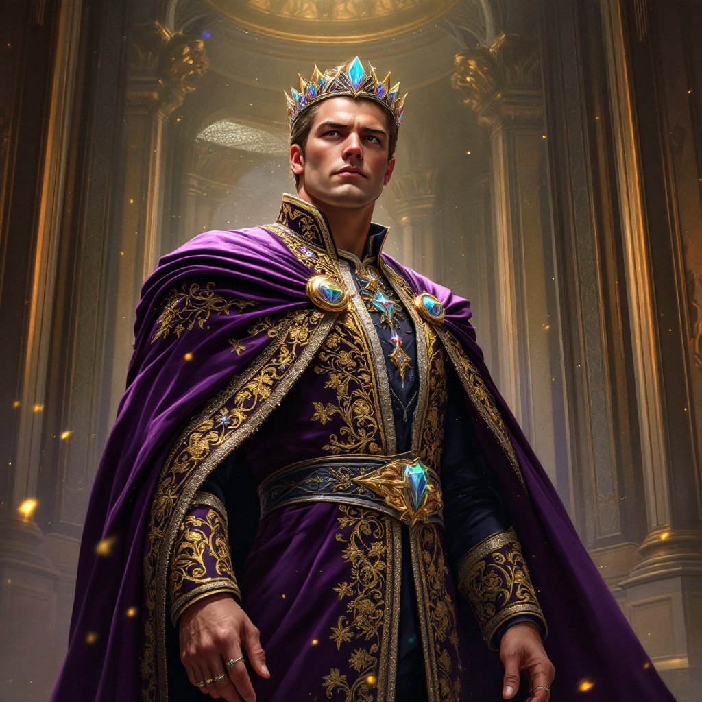 A regal figure in heavy, ornate robes and a holographic crown stands confidently in a grand Throne Hall, adorned with polished rings and impeccably styled hair.