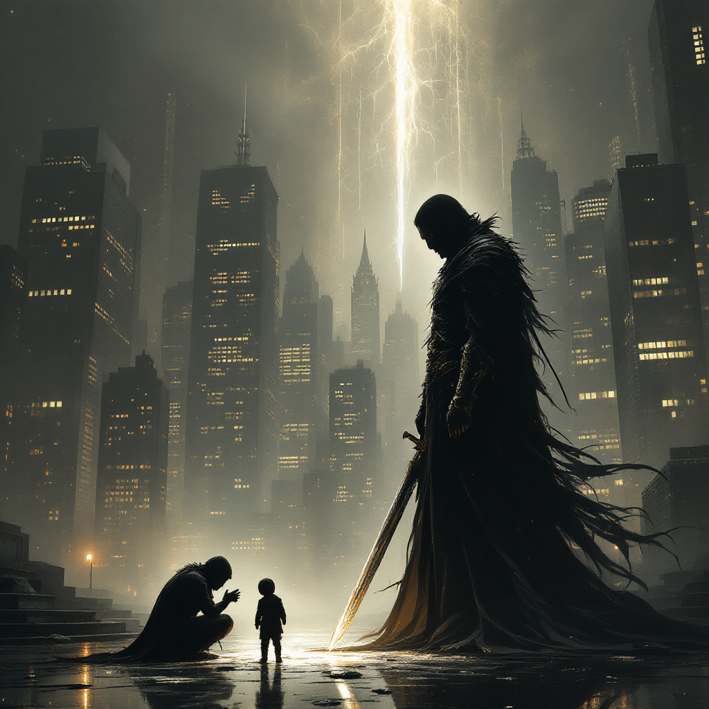 A dark figure looms over a child in a cityscape, with lightning illuminating the scene, reflecting the internal struggle highlighted in the quote about battling within ourselves.