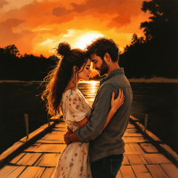 A couple embraces on a dock at sunset, surrounded by a tranquil lake. The warm hues of the sky reflect the fleeting beauty of cherished moments together.