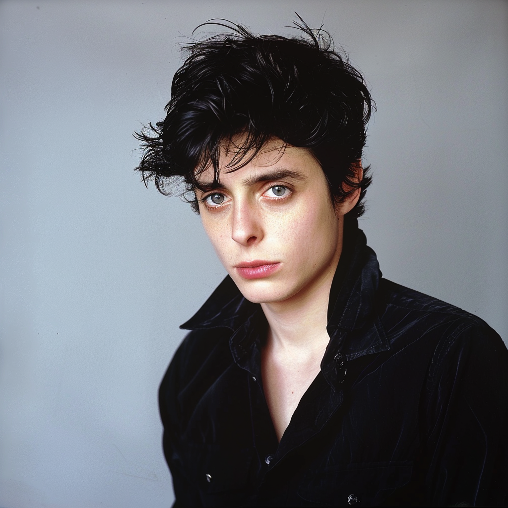 A young man, appearing around thirty, with dark, tousled hair looks slightly uneasy. He wears a dark shirt and has an intense, contemplative expression.