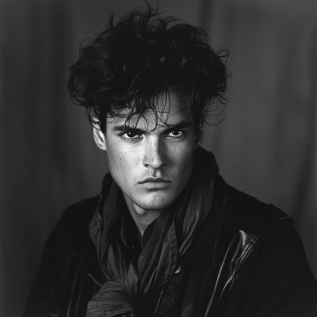 A black-and-white portrait of a tall, dark-haired man in his thirties. He appears uneasy, with tousled hair and a serious expression, wearing a dark jacket and scarf.