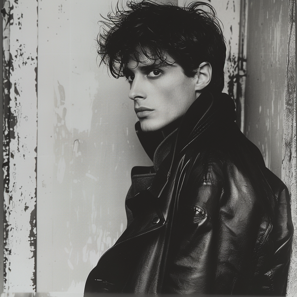 A tall, dark-haired young man, around thirty years old, stands against a weathered wall; he wears a black leather jacket and has an uneasy expression on his face.