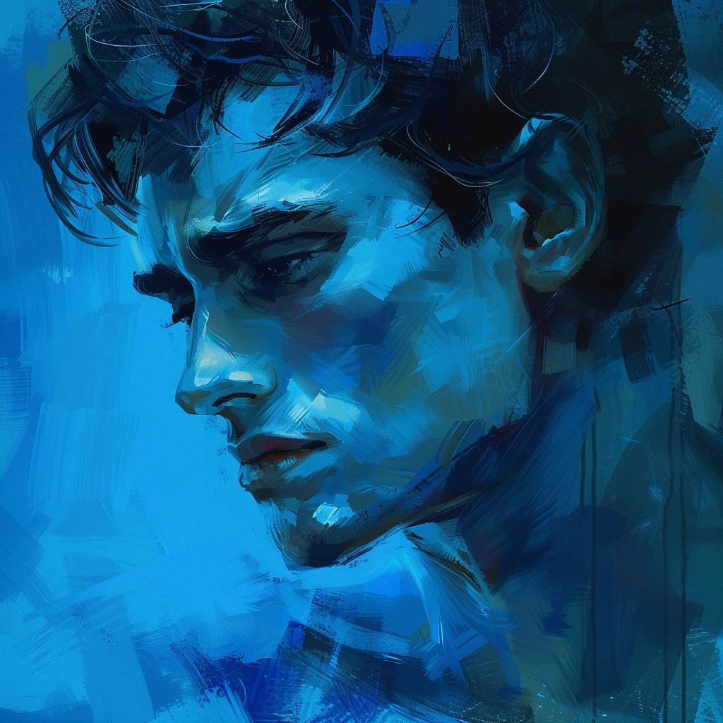 A digital painting of a tall, dark-haired man around thirty, with a thoughtful expression, depicted in blue tones.