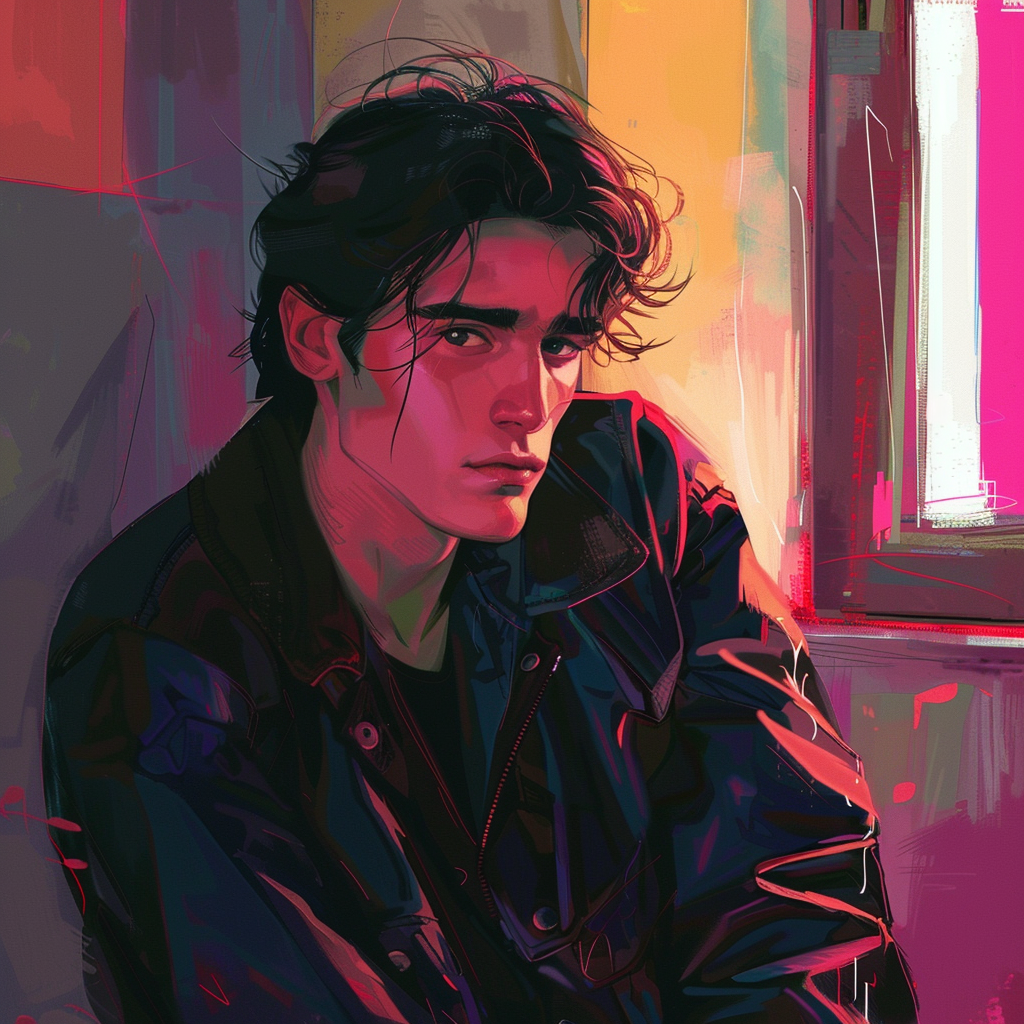 A digitally illustrated man, looking about thirty, with dark hair, sits in a dimly lit room. He appears uneasy, his expression thoughtful, wearing a dark jacket with vibrant colors surrounding him.