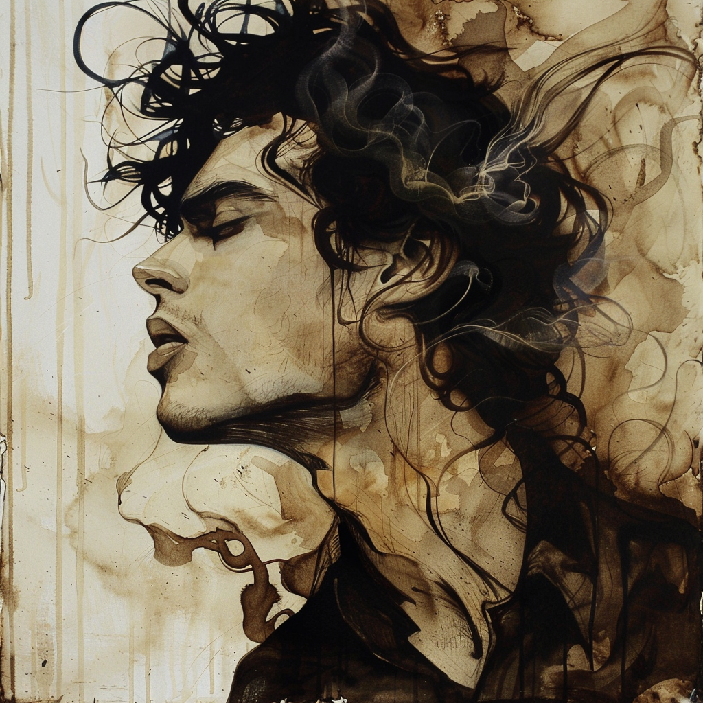 A watercolor painting of a tall man in his thirties with dark, wavy hair. He appears introspective and slightly uneasy, with closed eyes and a pensive expression, evoking a sense of melancholy.