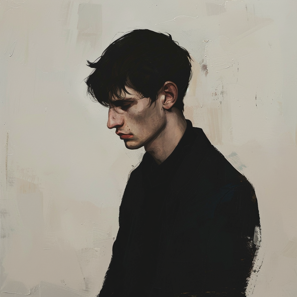 A tall, dark-haired man of about thirty stands in profile, appearing introspective and uneasy against a muted background.