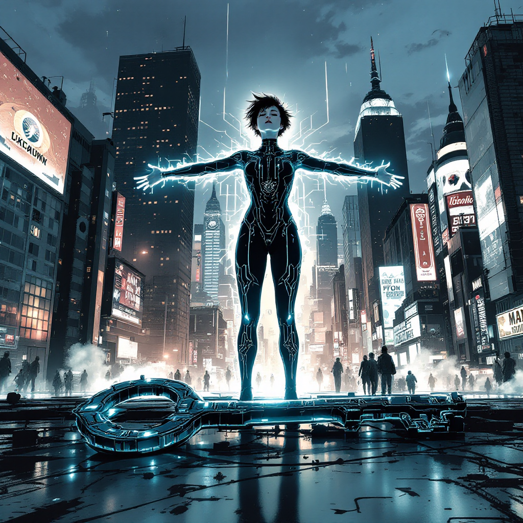 A futuristic figure stands in a vibrant cityscape, arms outstretched, with a large key at their feet, embodying the quote about the potential for change in the world.