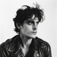 A black-and-white portrait of a tall, dark-haired man in his thirties wearing a leather jacket, looking away with a thoughtful expression. His disheveled hair adds to his slightly uneasy demeanor.