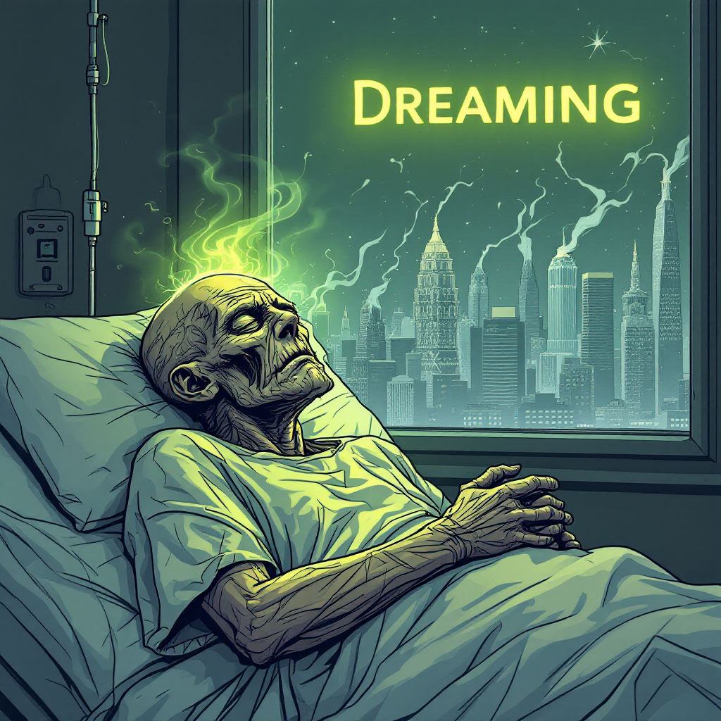 A skeletal figure lies in bed, eyes closed, with a green glow emanating from its head. The backdrop features a city skyline, and the word Dreaming hovers above, echoing themes of mental struggle.