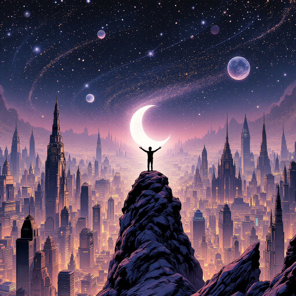 A silhouetted figure stands triumphantly on a rocky peak, overlooking a futuristic cityscape illuminated by a starry sky and a crescent moon, symbolizing dreams and the cosmos.