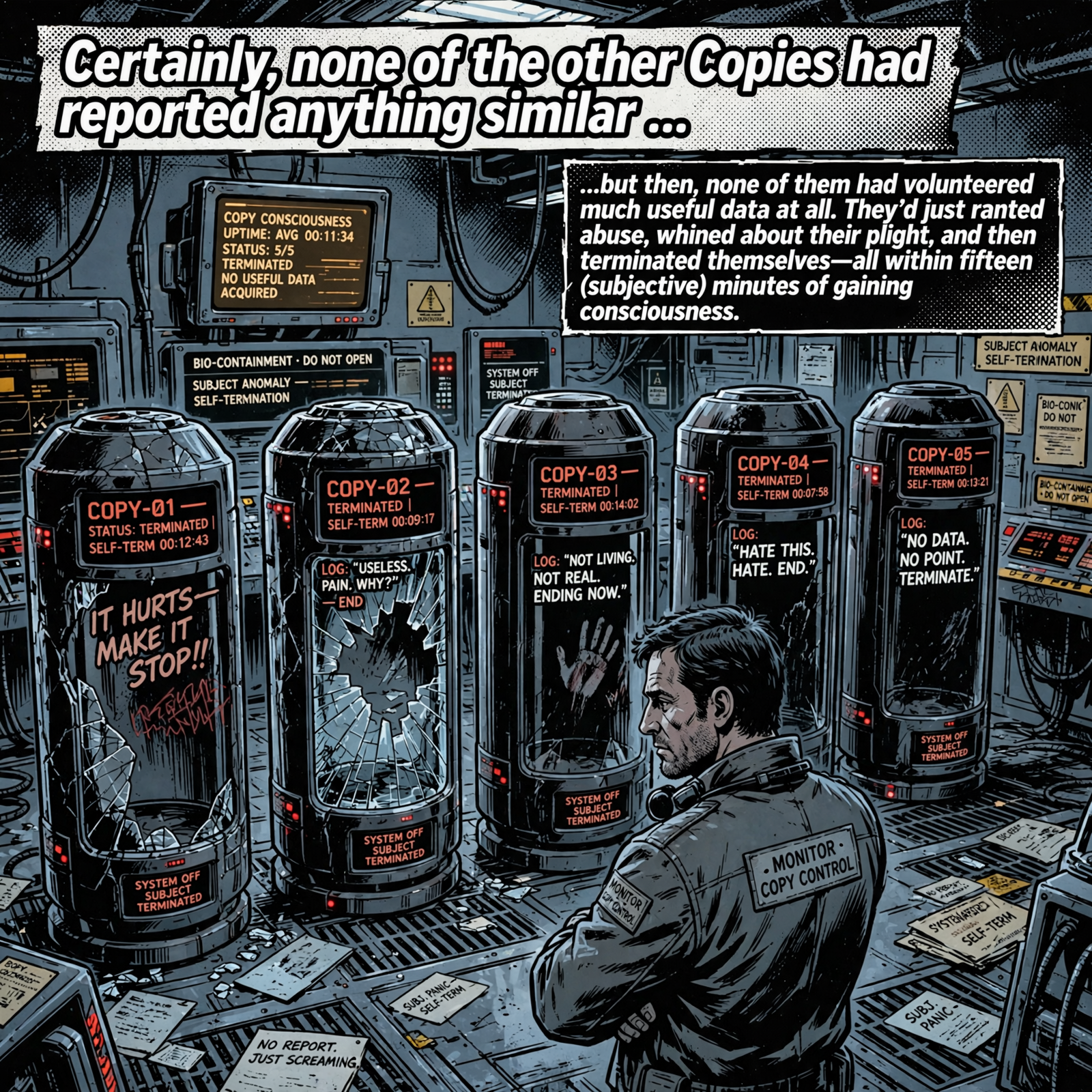 Five damaged, numbered cryogenic pods labeled COPY stand in a lab, with a person in uniform observing screens showing error data and warnings.