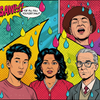 Colorful comic-style illustration of three diverse people beneath falling raindrops with a speech bubble saying, We all fall, younger? Shhh! reflecting the quote on life's ephemerality.