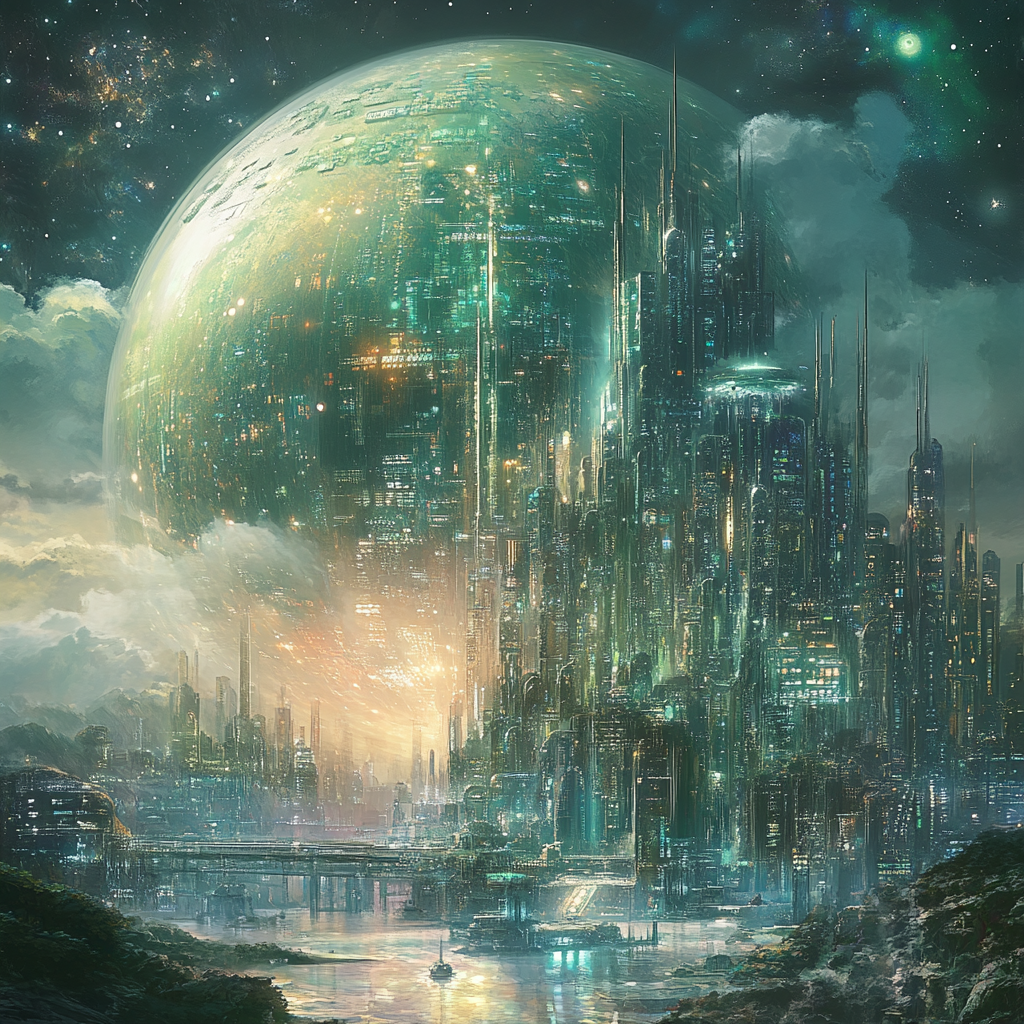 A sprawling futuristic city glistens under a luminous green planet, surrounded by vibrant landscapes and intricate architecture, reflecting the growth of consciousness and data integration.