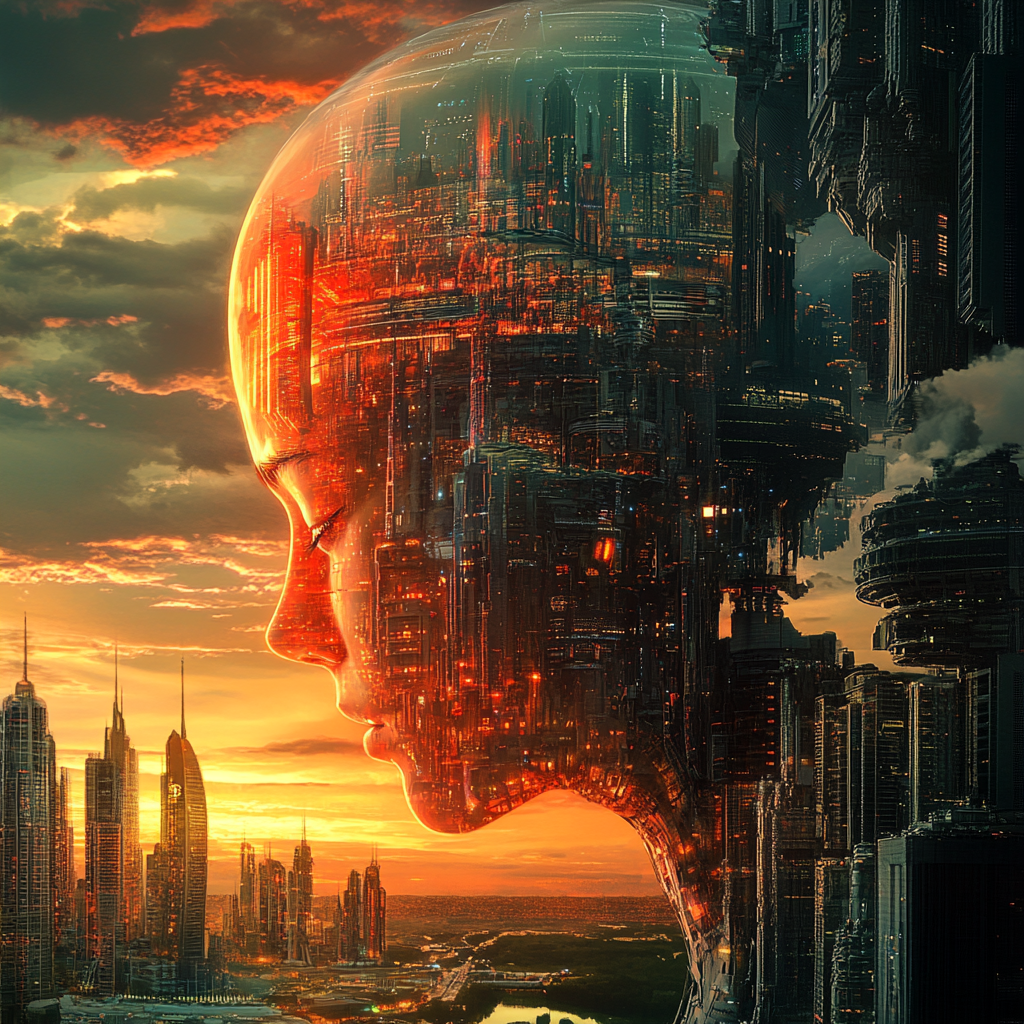 A luminous human silhouette merges with a vibrant, futuristic cityscape, symbolizing growth and consciousness against a dramatic sunset.