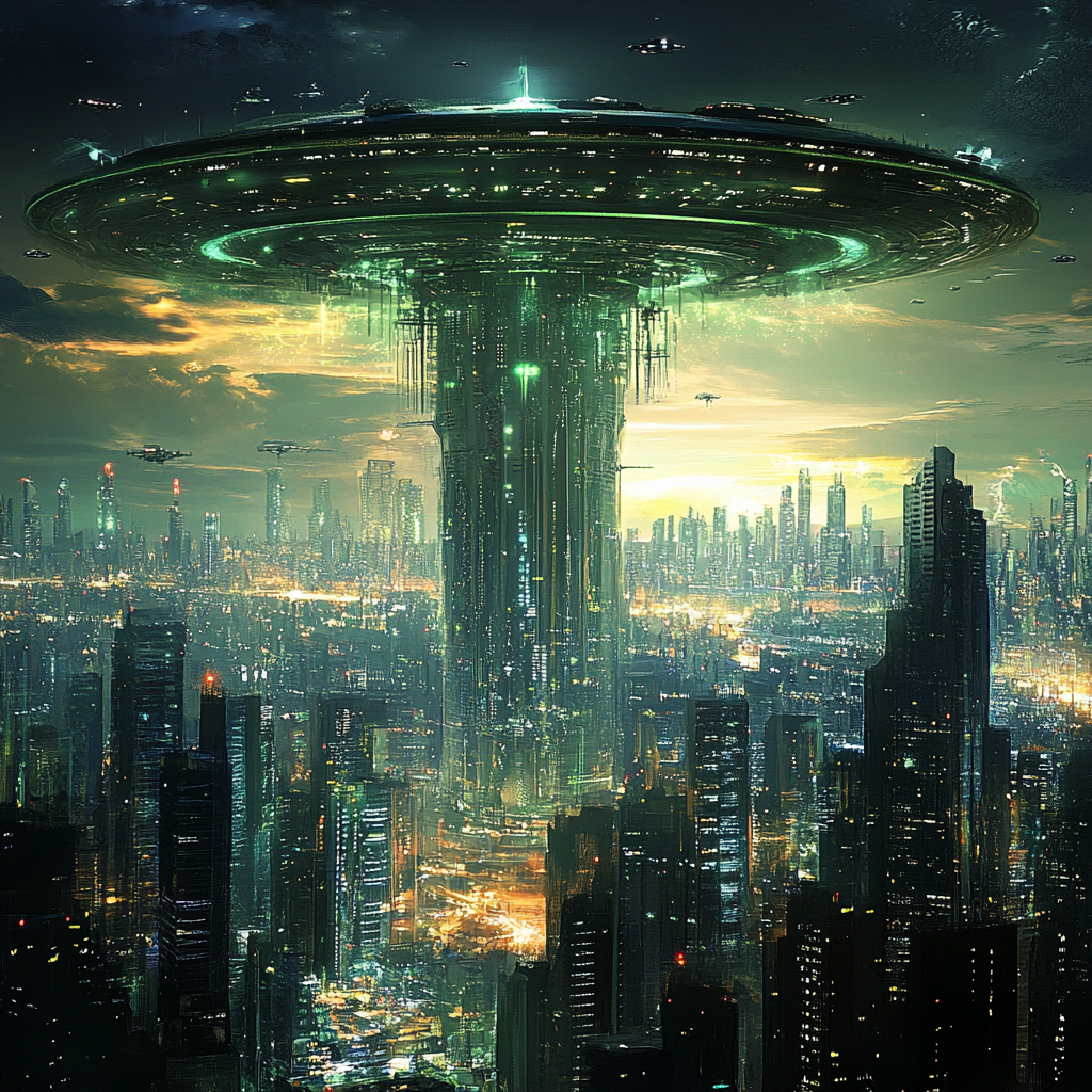 A towering, futuristic structure hovers above a vibrant cityscape, with luminous green lights illuminating the skyline as ships navigate through a twilight sky.