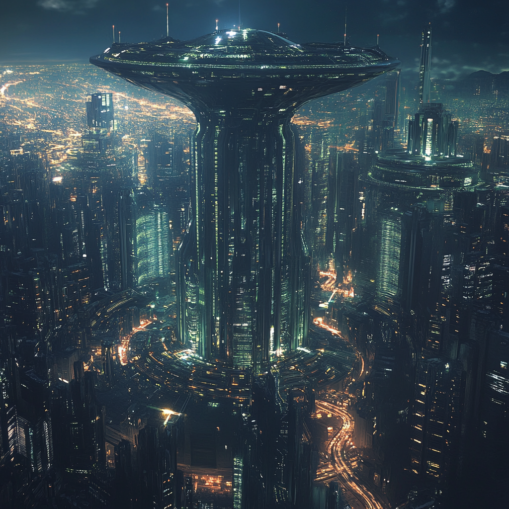 A futuristic cityscape at night, dominated by a towering structure with intricate designs and glowing lights, surrounded by a sprawling urban environment.